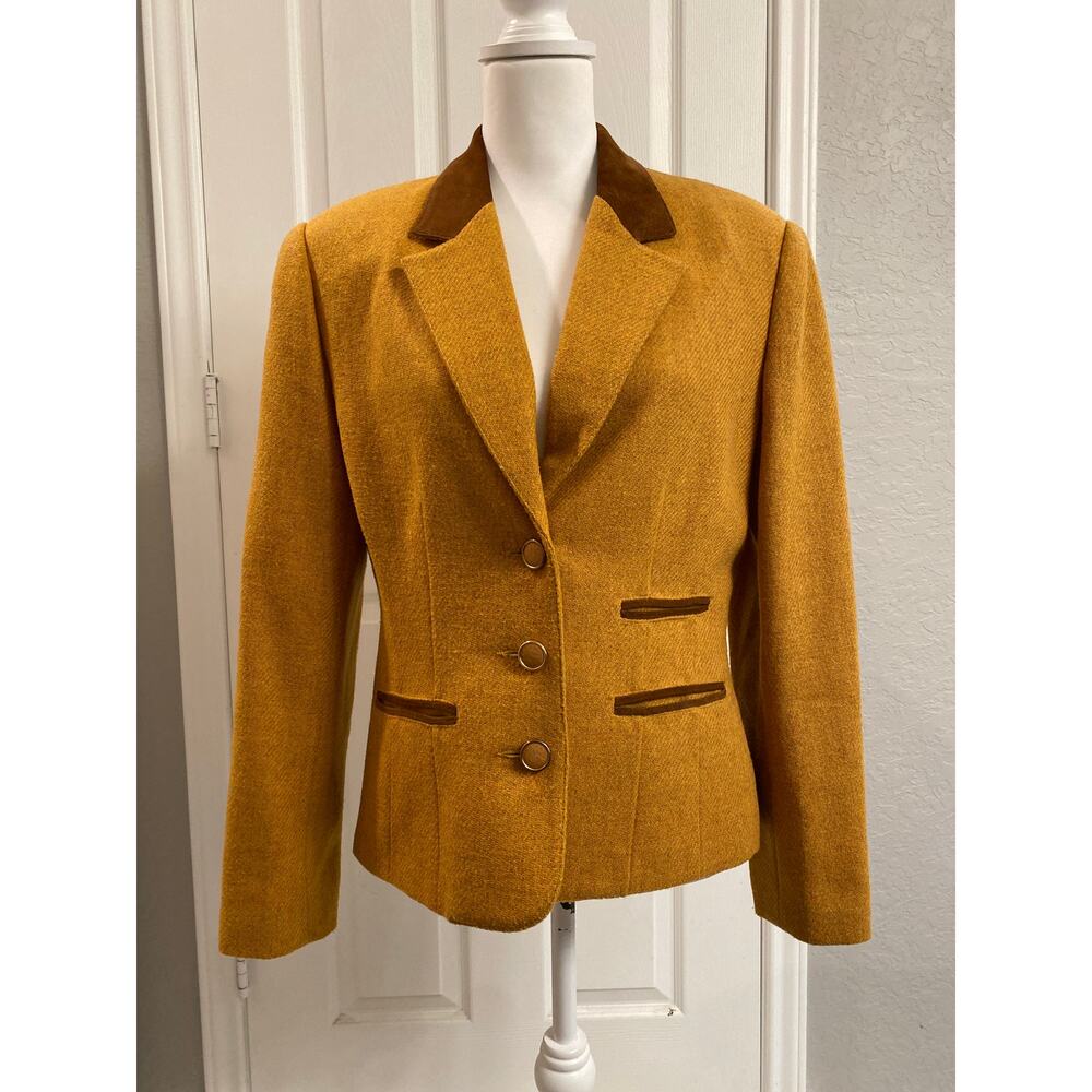 VTG S&K Wool Blend Mustard Yellow Blazer Jacket Brow Trim Size 6 Dark Academia